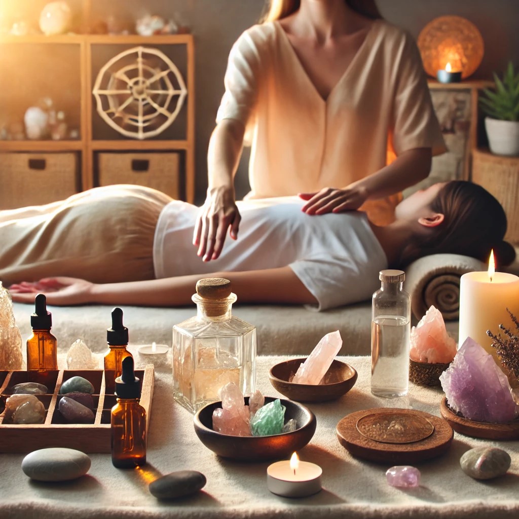 DALL·E 2025-02-21 15.16.59 - A serene wellness setting with a practitioner performing Reiki on a patient, surrounded by crystals, essential oils, and natural elements. Soft, warm