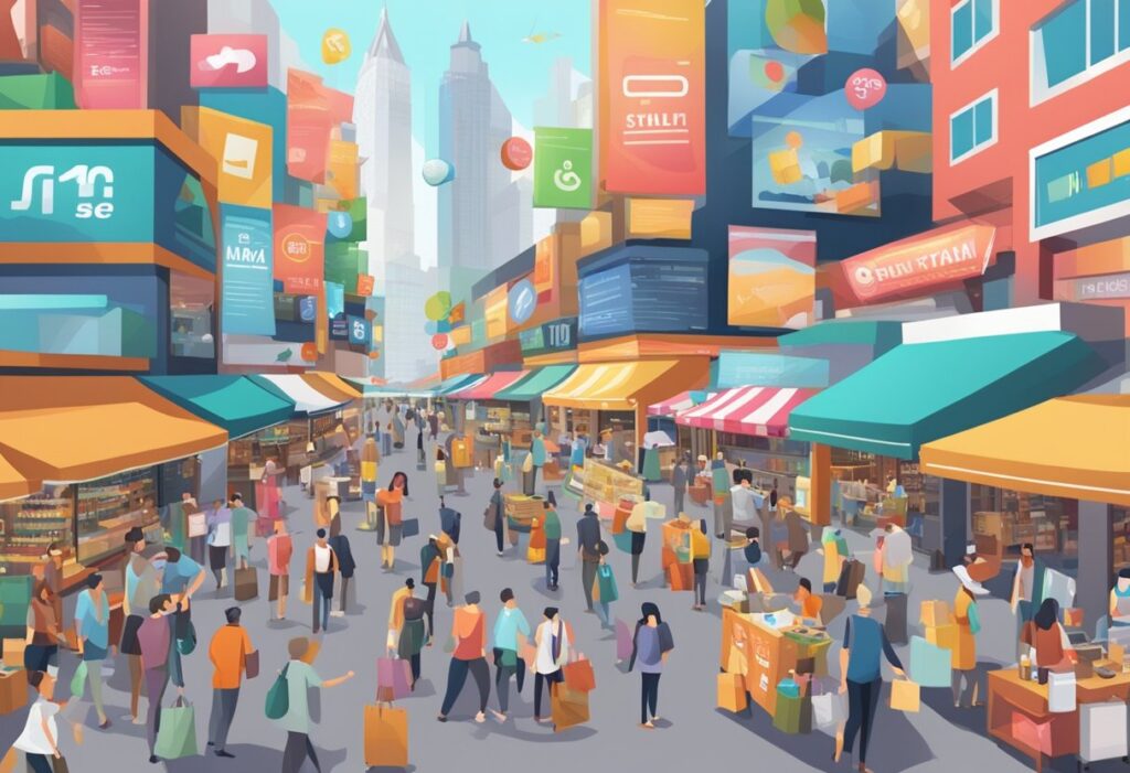 A bustling marketplace with vibrant signs and busy shoppers, surrounded by digital billboards and online advertisements