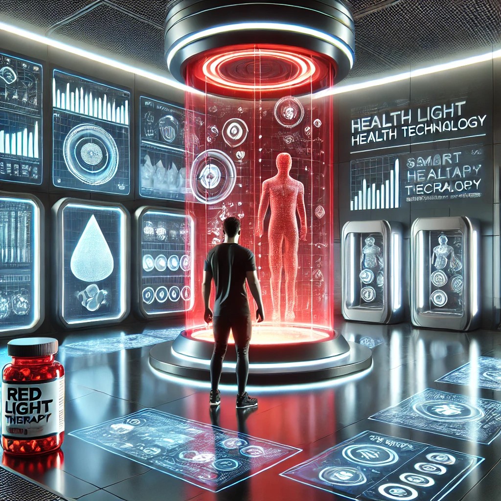 DALL·E 2025-02-21 15.17.49 - A futuristic biohacking lab with a person using wearable health technology, red light therapy, and cryotherapy. The environment has a sleek, high-tech