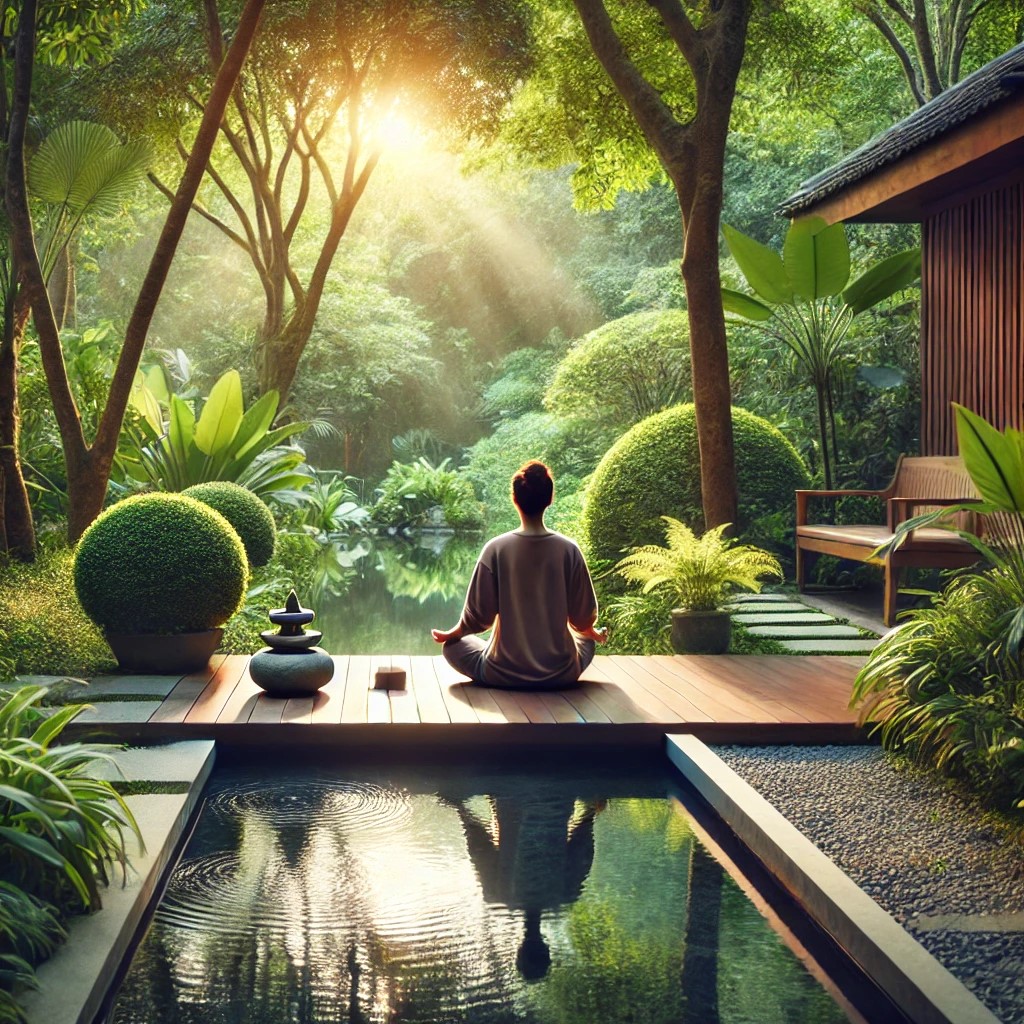 DALL·E 2025-02-21 15.18.38 - A peaceful outdoor meditation space with a person practicing mindfulness and breathwork. The setting includes lush greenery, a calming water feature,
