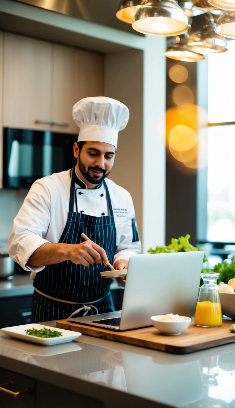 A chef teaching a virtual cooking class with a laptop and ingredients on a kitchen counter