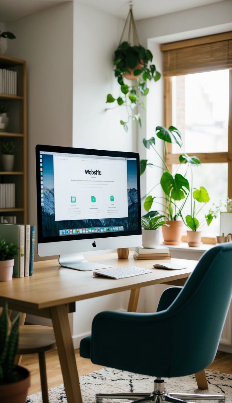 A cozy home office with a computer, desk, and chair. A website design on the screen. Books and plants decorate the room