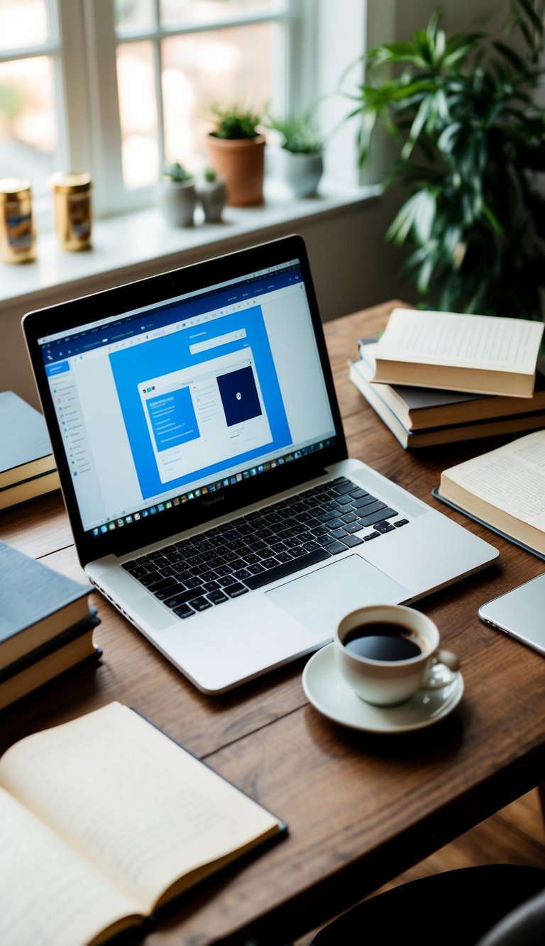 A laptop with a website design software open, surrounded by books and a cup of coffee, in a cozy home office setting
