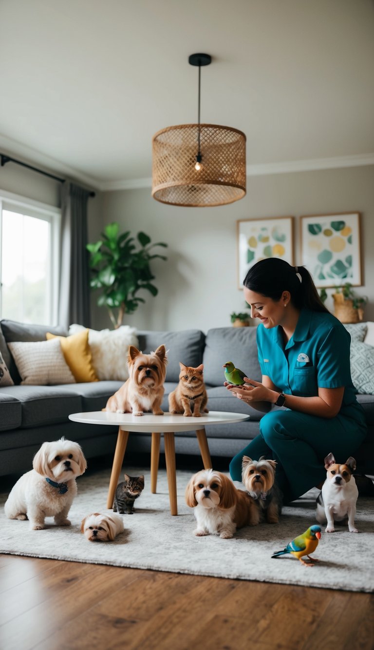 A cozy living room with a variety of small pets, such as dogs, cats, and birds, being cared for by a professional pet sitter