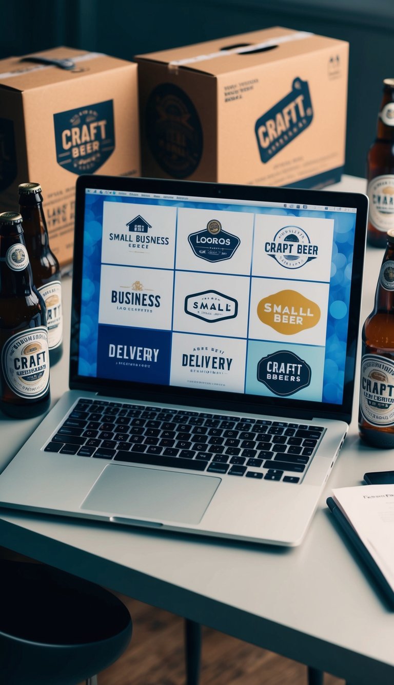 A laptop open on a desk with various small business logos displayed on the screen, surrounded by craft beer bottles and delivery packaging