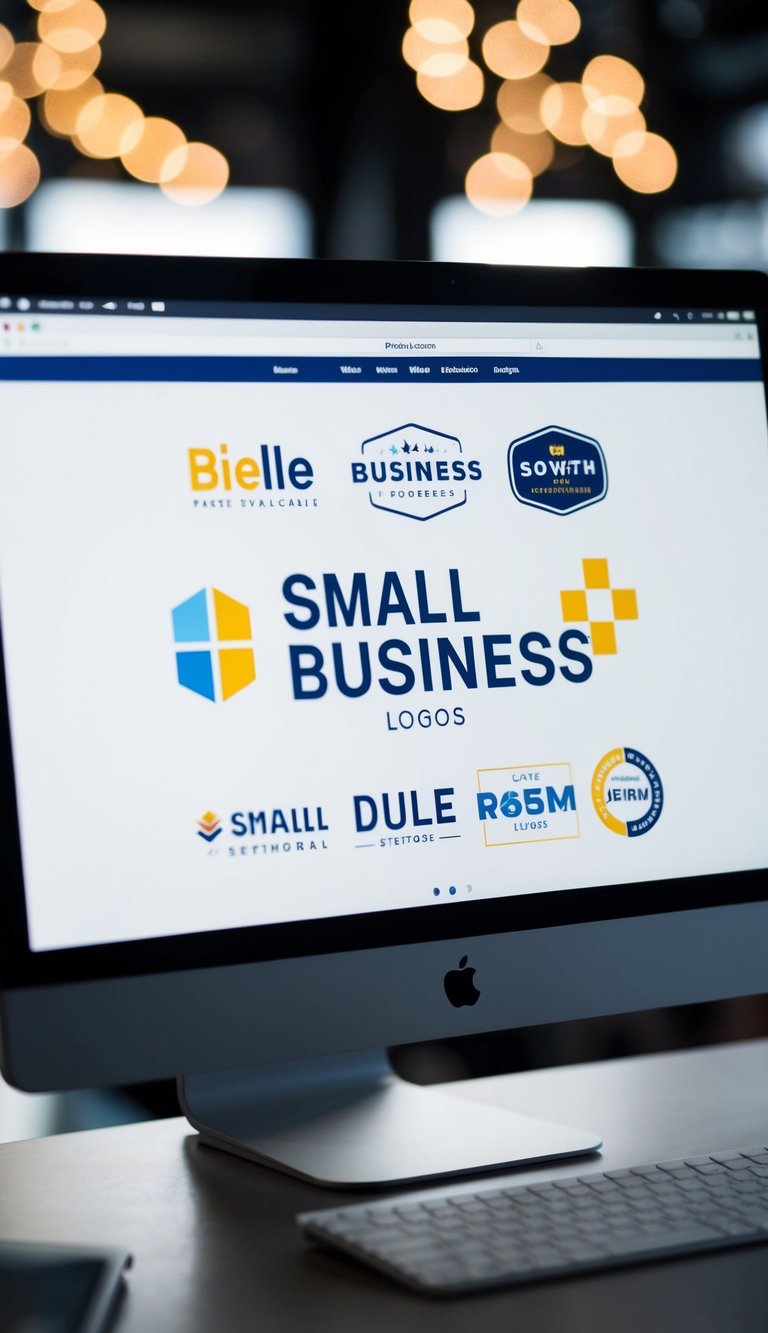 A computer screen displaying 10 small business logos, with a stylized website layout in the background