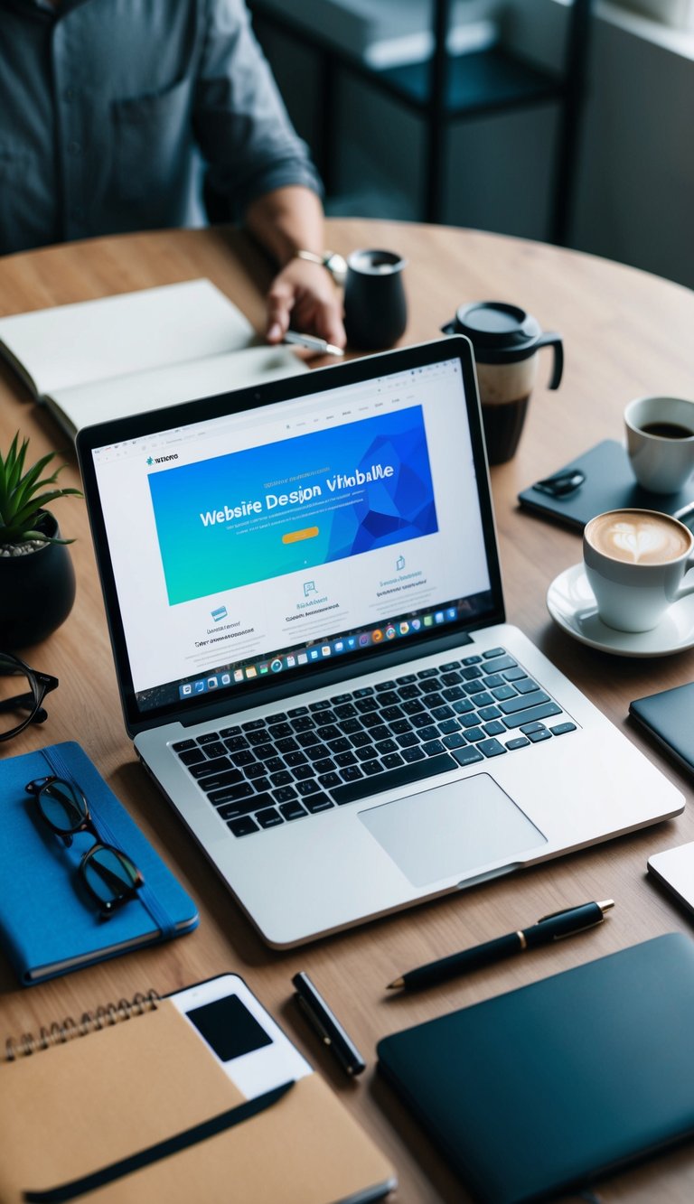 A laptop surrounded by various business-related objects, such as a notebook, pen, and coffee cup, with a website design on the screen