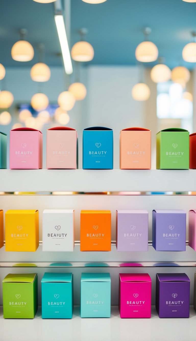 A collection of 10 colorful, uniquely designed beauty boxes arranged neatly on a clean, modern website interface